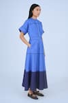 Buy_Leh Studios_Blue 100% Cotton Plain Round Collar Obi Color Block Dress _Online_at_Aza_Fashions