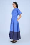 Leh Studios_Blue 100% Cotton Plain Round Collar Obi Color Block Dress _at_Aza_Fashions