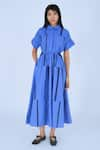 Buy_Leh Studios_Blue 100% Cotton Plain Collared Neck Midi Tape Tong Dress _at_Aza_Fashions