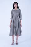 Buy_Leh Studios_Grey 100% Cotton Piping Collar Neck Ame Contrast Tie Up Waist Dress _at_Aza_Fashions