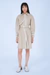 Buy_Leh Studios_Beige 100% Cotton Print Striped Collar Neck Bamboo Coat Dress With Belt _at_Aza_Fashions