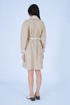 Shop_Leh Studios_Beige 100% Cotton Print Striped Collar Neck Bamboo Coat Dress With Belt _at_Aza_Fashions