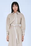 Leh Studios_Beige 100% Cotton Print Striped Collar Neck Bamboo Coat Dress With Belt _Online_at_Aza_Fashions