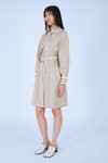 Leh Studios_Beige 100% Cotton Print Striped Collar Neck Bamboo Coat Dress With Belt _at_Aza_Fashions