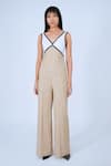 Buy_Leh Studios_Beige 100% Cotton Print Striped V Neck Bamboo And Contrast Piping Jumpsuit _at_Aza_Fashions