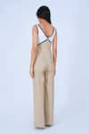 Shop_Leh Studios_Beige 100% Cotton Print Striped V Neck Bamboo And Contrast Piping Jumpsuit _at_Aza_Fashions