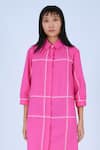 Leh Studios_Pink 100% Cotton Piping Collar Neck Broken Fence Shirt Dress _Online_at_Aza_Fashions