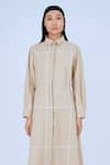 Leh Studios_Beige 100% Viscose Piping Collar Neck Broken Fence Shirt Dress _Online_at_Aza_Fashions