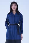 Leh Studios_Blue 100% Viscose Piping Collar Neck Broken Fence Shirt Dress With Belt _Online_at_Aza_Fashions