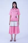 Buy_Leh Studios_Pink 100% Cotton Piping Collar Church Colorblocked Pleated Flare Dress With Belt _at_Aza_Fashions