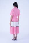 Shop_Leh Studios_Pink 100% Cotton Piping Collar Church Colorblocked Pleated Flare Dress With Belt _at_Aza_Fashions