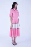 Leh Studios_Pink 100% Cotton Piping Collar Church Colorblocked Pleated Flare Dress With Belt _at_Aza_Fashions