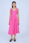 Buy_Leh Studios_Pink 100% Cotton Solid V Neck Knot Dress _at_Aza_Fashions