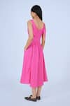 Shop_Leh Studios_Pink 100% Cotton Solid V Neck Knot Dress _at_Aza_Fashions