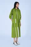 Leh Studios_Green 100% Cotton Mandarin Collar Tape Tourist Midi Dress _Online_at_Aza_Fashions