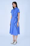 Leh Studios_Blue 100% Cotton Collared Midi Dress _at_Aza_Fashions