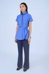 Shop_Leh Studios_Blue 100% Cotton Collared Asymmetrical Drape Top _Online_at_Aza_Fashions