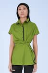 Buy_Leh Studios_Green 100% Cotton Collared Draped Wrap Top _at_Aza_Fashions