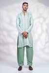 Buy_MENERO_Green Cotton Silk Embroidered Anchor Thread Pintexed Kurta And Pyjama Set _at_Aza_Fashions