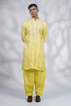 Buy_MENERO_Yellow Cotton Silk Embroidered Anchor Thread Pintexed Kurta And Pyjama Set _at_Aza_Fashions