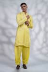 Shop_MENERO_Yellow Cotton Silk Embroidered Anchor Thread Pintexed Kurta And Pyjama Set _Online_at_Aza_Fashions