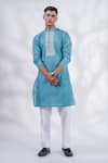 Buy_MENERO_Blue Cotton Silk Embroidered Thread Kurta And Pant Set _at_Aza_Fashions