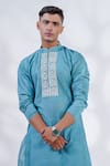 MENERO_Blue Cotton Silk Embroidered Thread Kurta And Pant Set _Online_at_Aza_Fashions