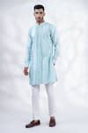 Buy_MENERO_Blue Chanderi Silk Embroidered Thread Mesh Work Pintucked Kurta And Pant Set _at_Aza_Fashions