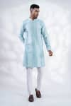 Buy_MENERO_Blue Chanderi Silk Embroidered Thread Mesh Work Pintucked Kurta And Pant Set _Online_at_Aza_Fashions