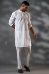 Shop_MENERO_White Cotton Embroidered Thread Embossed Fringed Kurta And Pant Set 