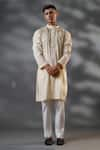 Buy_MENERO_Cream Cotton Embroidered Thread Embossed Kurta And Pant Set _Online