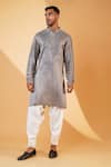 Buy_MENERO_Grey Pure Dupion Silk Embroidered Mirror Kurta And Pathani Pant Set _at_Aza_Fashions