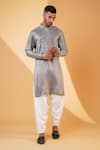 Shop_MENERO_Grey Pure Dupion Silk Embroidered Mirror Kurta And Pathani Pant Set _at_Aza_Fashions