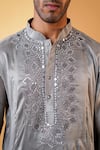 MENERO_Grey Pure Dupion Silk Embroidered Mirror Kurta And Pathani Pant Set _Online_at_Aza_Fashions