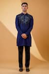 Buy_MENERO_Blue Linen Pintex Embroidered Pintuck Dabka Work Kurta And Pant Set _at_Aza_Fashions