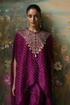 Shop_Shikha Mehta_Purple Silk Chanderi Embroidered Thread Adira Printed Asymmetric Cape With Pant _Online_at_Aza_Fashions