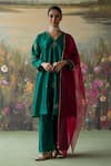 Buy_Shikha Mehta_Green Silk Chanderi Embroidered Thread V-neck Arifa Kurta Pyjama Set _at_Aza_Fashions