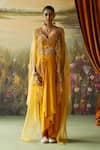 Buy_Shikha Mehta_Yellow Cape Silk Organza Embroidered Thread Dani Scalloped Draped Skirt Set _at_Aza_Fashions