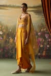 Shikha Mehta_Yellow Cape Silk Organza Embroidered Thread Dani Scalloped Draped Skirt Set _Online_at_Aza_Fashions