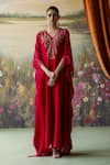 Buy_Shikha Mehta_Red Kaftan Silk Chanderi Embroidered Thread V-neck Hiya Paisley _at_Aza_Fashions