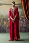 Buy_Shikha Mehta_Red Kaftan Silk Chanderi Embroidered Thread V-neck Hiya Paisley _Online_at_Aza_Fashions