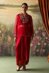 Buy_Shikha Mehta_Red Shirt Silk Organza Embroidered Thread Shirt Inika Yoke Draped Skirt Set _at_Aza_Fashions