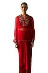 Shop_Shikha Mehta_Red Shirt Silk Organza Embroidered Thread Shirt Inika Yoke Draped Skirt Set _Online_at_Aza_Fashions