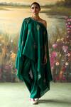 Buy_Shikha Mehta_Green Silk Chanderi Embroidered Thread Kaftan One Kaeh Asymmetric With Pant _at_Aza_Fashions