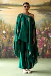 Shop_Shikha Mehta_Green Silk Chanderi Embroidered Thread Kaftan One Kaeh Asymmetric With Pant _Online_at_Aza_Fashions