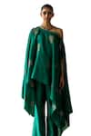 Buy_Shikha Mehta_Green Silk Chanderi Embroidered Thread Kaftan One Kaeh Asymmetric With Pant 