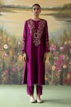 Shop_Shikha Mehta_Purple Kurta And Pant Silk Chanderi Embroidered Thread Mahika Paisley Set 