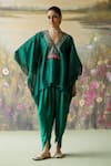 Buy_Shikha Mehta_Green Kaftan Silk Chanderi Embroidered Navi Fringe Short And Cowl Pant Set _at_Aza_Fashions