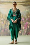 Buy_Shikha Mehta_Green Kaftan Silk Chanderi Embroidered Navi Fringe Short And Cowl Pant Set _Online_at_Aza_Fashions