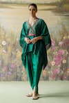 Shop_Shikha Mehta_Green Kaftan Silk Chanderi Embroidered Navi Fringe Short And Cowl Pant Set _Online_at_Aza_Fashions